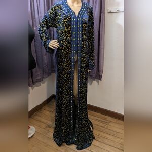Blue and Gold Embroidered Velvet Kaftan Slit Gown
